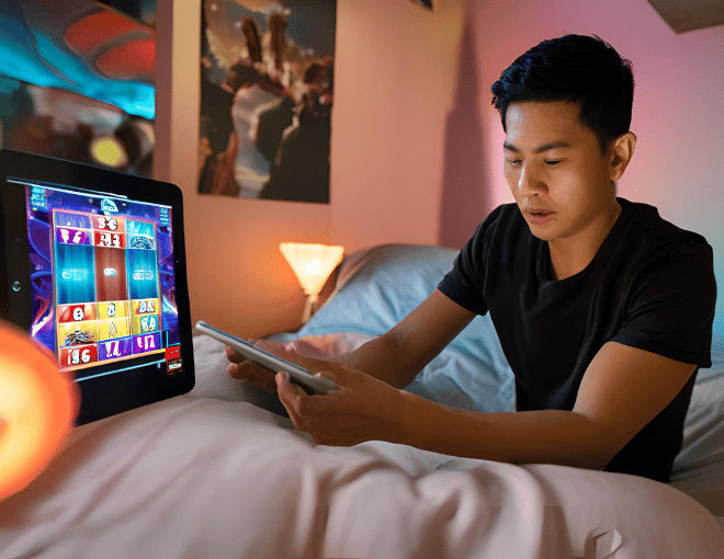 A young Indonesian player focuses intensely on a tablet, spinning virtual slot reels. The room's soft lighting enhances the screen's bright, captivating visuals.