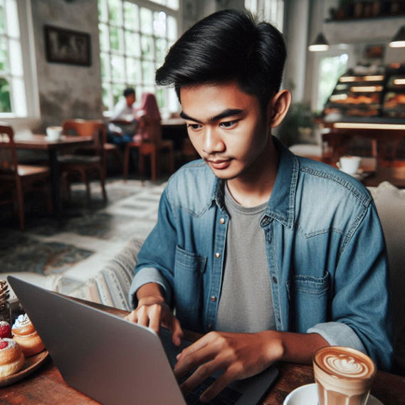 A young Indonesian man with short hair is focused on his laptop in a cozy cafe, surrounded by coffee and pastries.