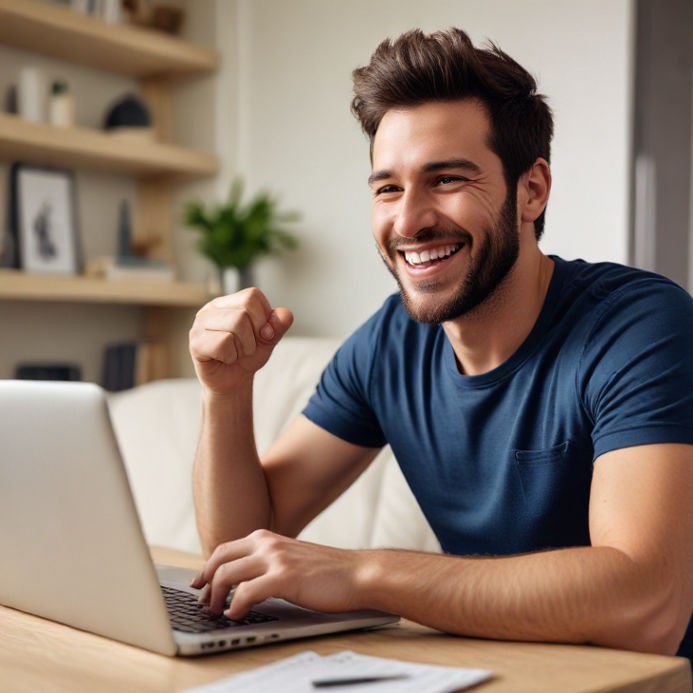 A man at home smiles while using his laptop, celebrating a gaming win.