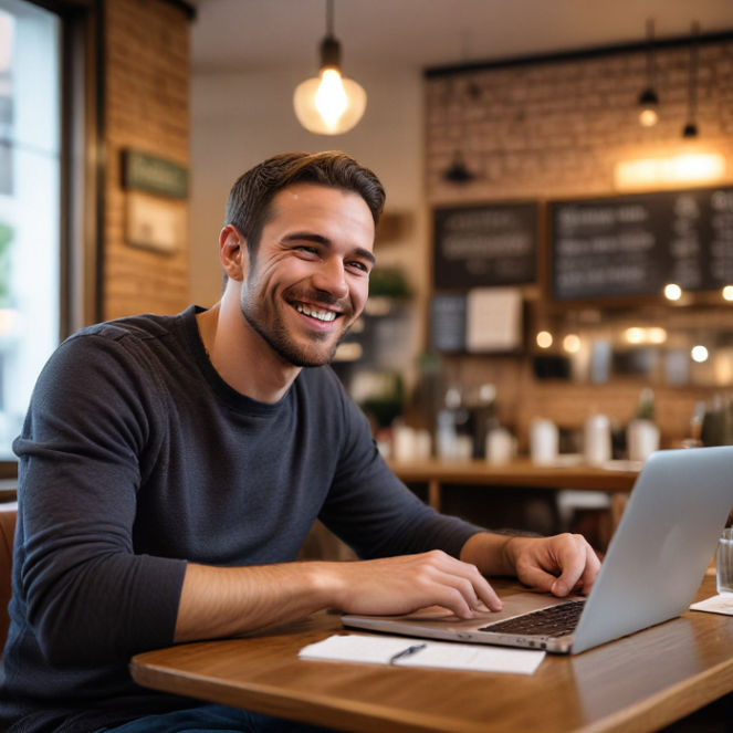 A man sitting in a cozy cafe, using his laptop, smiling confidently as though celebrating a big win.
