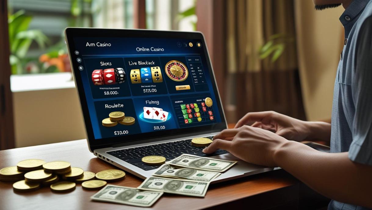 Malaysian player enjoying online casino games at home on laptop screen.