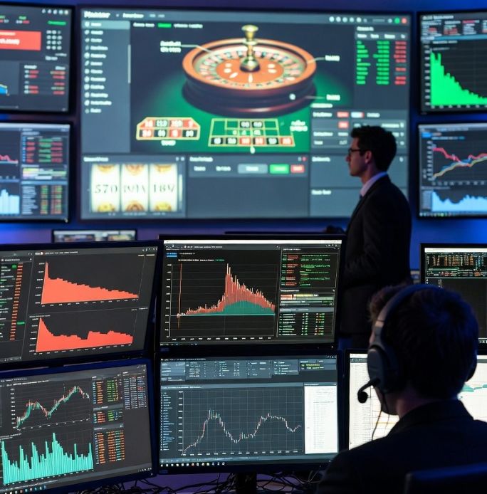 modern casino control room with data analytics screens