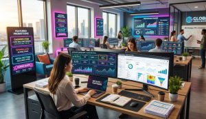 A digital marketing workspace showing affiliate dashboards, analytics screens, and casino website promotions