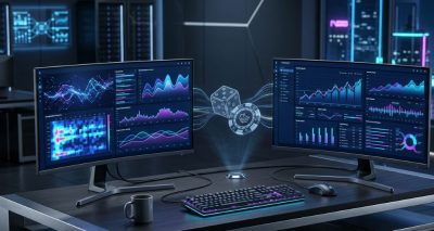 A modern technological dashboard concept displaying digital entertainment analytics, network data nodes, and interactive gaming financial growth graphs.