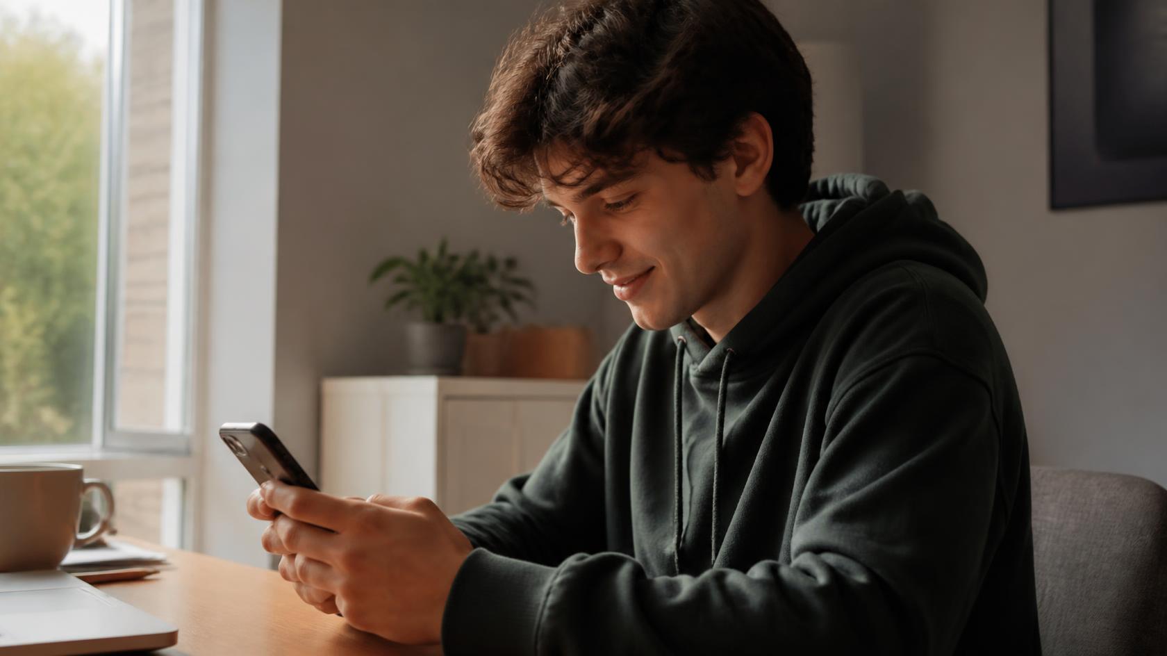 A person casually completing an MZPlay download on their smartphone at home.