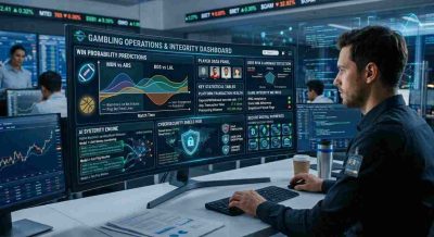 A futuristic gambling business operations center with analytics dashboards, AI systems, secure digital payment icons, cybersecurity shields, data charts, and professional business technology atmosphere.
